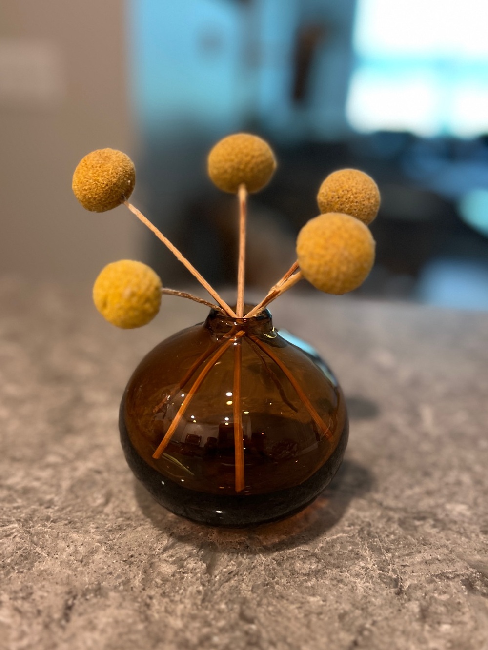 Mid Century Style Brown Glass Vase w. Billy Balls Dried Craspedia